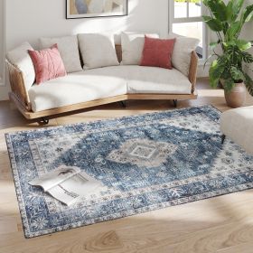 5x7 Area Rug, Vintage Washable Rug, Non-Slip Floor Carpet For Living Room, Bedroom, Dining Room, Blue
