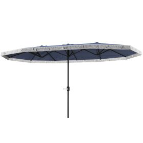 15ft Rectangle Patio Umbrella  Extra Large Outdoor Umbrella With Fringe And Crank Handle, Dark Blue
