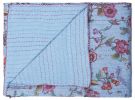 50" X 70" Blue and Red Kantha Cotton Floral Throw Blanket with Embroidery