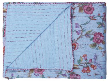 50" X 70" Blue and Red Kantha Cotton Floral Throw Blanket with Embroidery