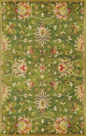 8' X 11' Green and Ivory Wool Floral Handmade Area Rug