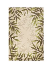 8' X 11' Ivory Hand Tufted Bordered Tropical Leaves Indoor Area Rug