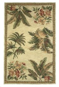 4' X 6' Ivory and Green Tropical Botanical Hand Tufted Area Rug