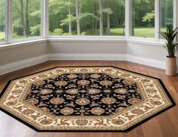 7' Octagon Black Or Ivory Floral Vines Bordered Indoor Area Rug
