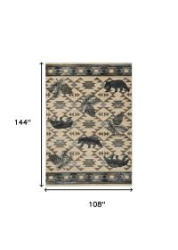 9' X 12' Ivory Blue Machine Woven Geometric Lodge Indoor Area Rug