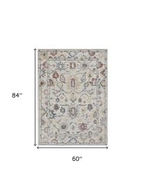 5' X 7' Ivory Floral Bordered Wool Indoor Area Rug
