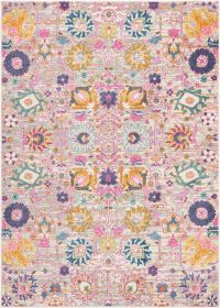 5' X 7' Gray and Pink Floral Power Loom Distressed Area Rug