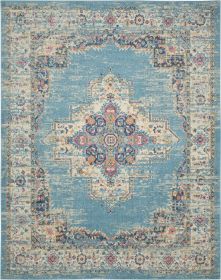 7' X 10' Blue and Ivory Medallion Power Loom Distressed Area Rug