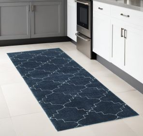 2' X 8' Blue And Ivory Trellis Indoor Runner Rug