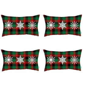 Set of 4 Christmas Snowflake Trio Plaid Lumbar Throw Pillows