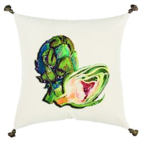 White Green Embroidered Artichoke Throw Pillow