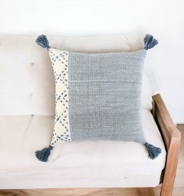 20" Blue and Ivory Herringbone Cotton Throw Pillow With Tassels