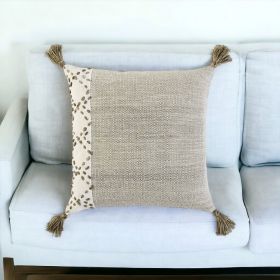 20" Taupe and Ivory Herringbone Cotton Throw Pillow With Tassels