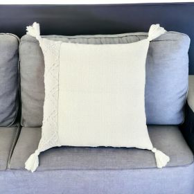 20" Ivory Herringbone Cotton Throw Pillow With Tassles