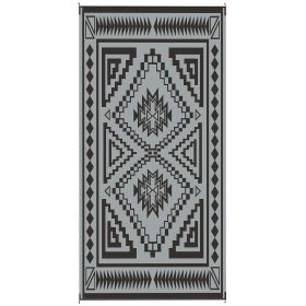 Reversible Outdoor Rug, Waterproof Plastic Straw With Carry Bag, 9 X 18, Black & Gray Square Patchwork