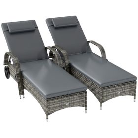 2 Reclining Chaise Lounge Chairs, Rolling Outdoor Chairs With Cushion, Pillow, Headrest, Armrests, And Wheels, Gray