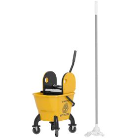 Mop Bucket With Wringer On Wheels For Floor Cleaning, 27.5 Quart Down Press Wringer With Handle And Mop, Yellow