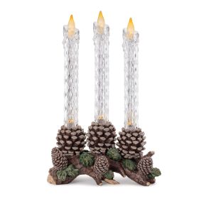 LED Taper Candles w/Pine Cones 10"L x 15.5"H Plastic 2 AA Batteries Not Included/USB Cord Included 6 Hr Timer