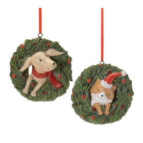 Cat & Dog in Wreath Ornament (Set of 4) 3.5"H Resin