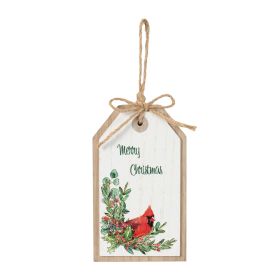 Merry Christmas Cardinal Tag (Set of 12) 3.5"L x 6"H MDF/Jute