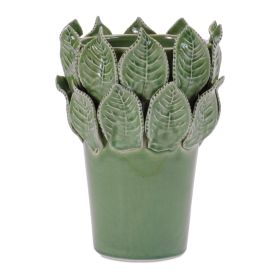 Container w/Leaves 5"D x 7.5"H Stoneware