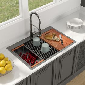 33 Inch Top Mount Drop-In Single Bowl Workstation Gunmetal Black Stainless Steel Kitchen Sink With Bottom Grid and Basket Drain, Roll-Up Drying R
