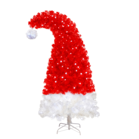 6FT Artificial Christmas Tree With LED Light, Santa's Hat Shape Artificial Whimsical Xmas Tree With 1050 Tip, Curved Xmax Tree