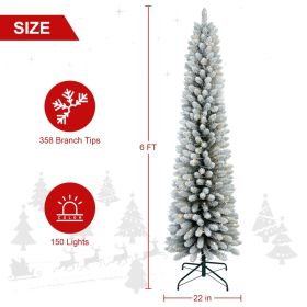 5FT 6FT 7FT Pre-Lit Flocked Pencil Christmas Tree, Artificial Fir Snow Slim Skinny Christmas Tree For Home, Office, Party Decoration WITH Branch (Option: 6Ft)