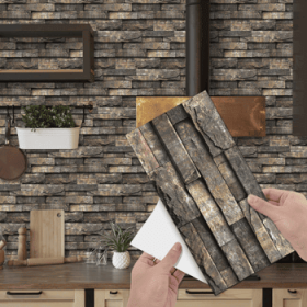 12 Pcs Retro Brown Stone Brick Marble Effect Peel And Stick Wallpaper,Water resistant (PCS: 48FG-L001)